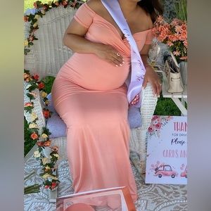 Sexy mama maternity off the shoulder sweetheart flare gown papaya coral pink